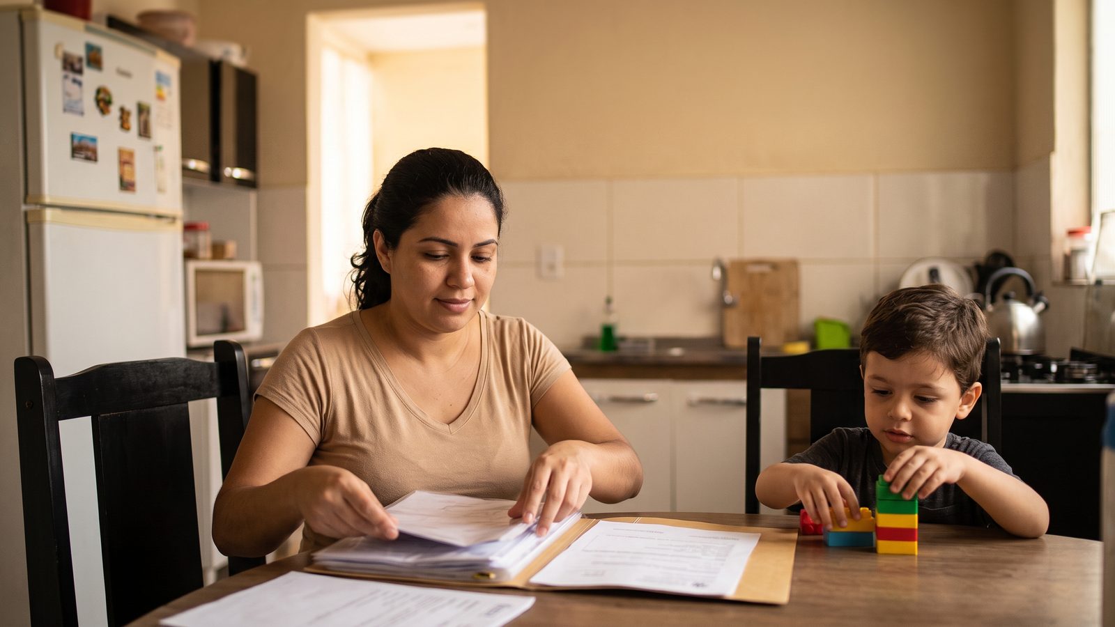 Mãe organizando documentos e laudos do filho pequeno sobre a mesa da cozinha